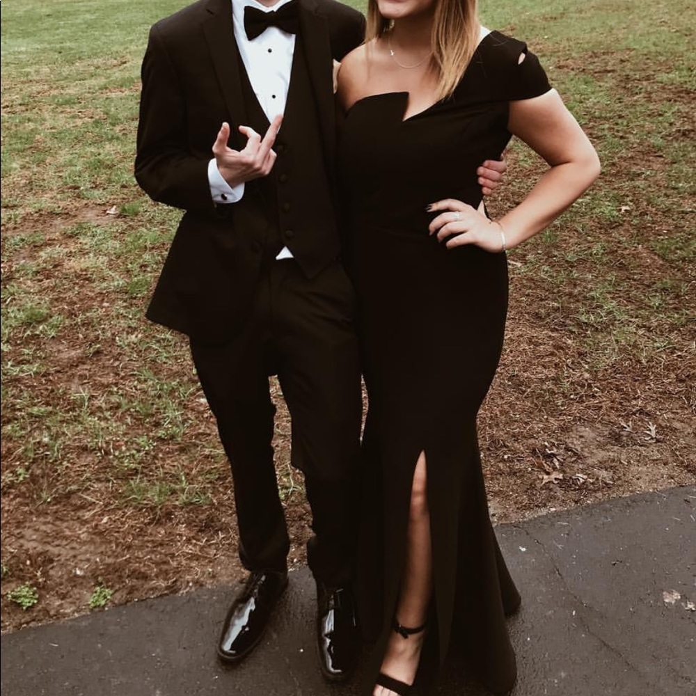 Nicole Bakti Black sleek slit dress.